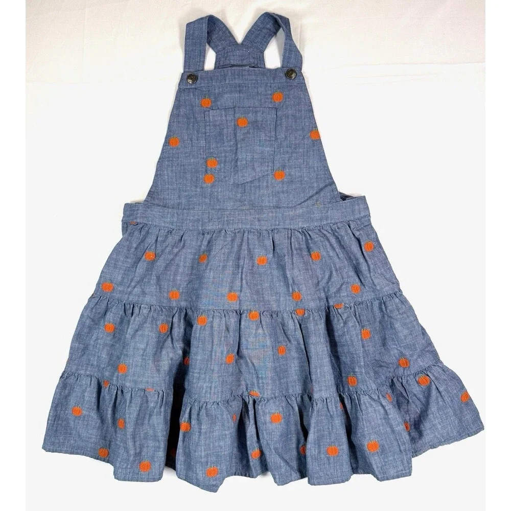 GYMBOREE Girls Chambray Pumpkin Embroidered Tiered Overall Dress 12‎ Cottagecore